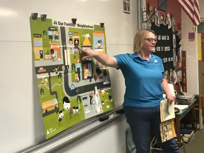 Image of a woman pinting to a map