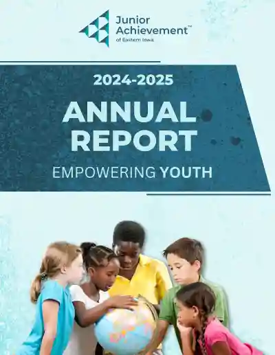 Image of the cover of the 2024-25 Annual Report. Image of children looking at a globe.